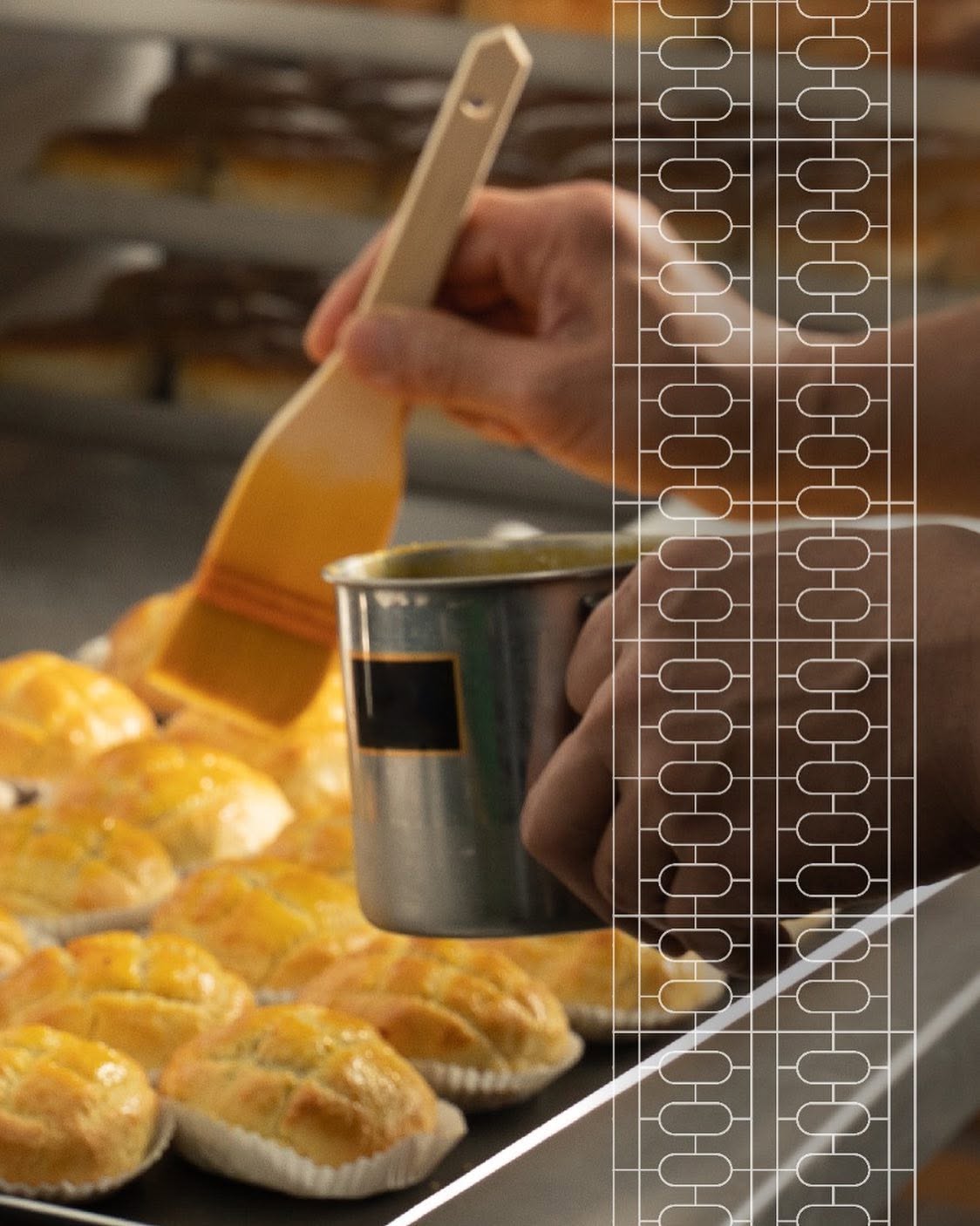 Baker glazing freshly baked pastries at Leung Sang Bakery